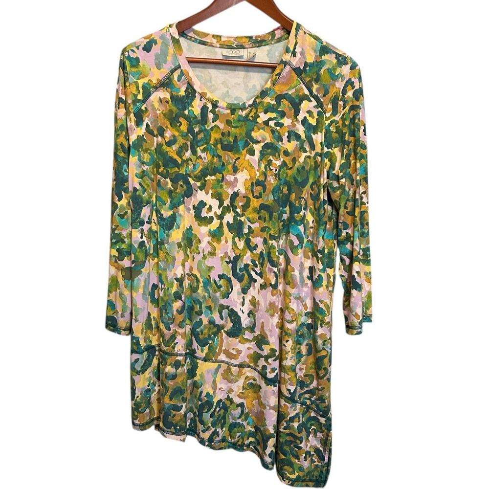 LOGO Women Tunic Top L Colorful‎ Abstract Whimsical Artsy Asymmetrical Hem Boho